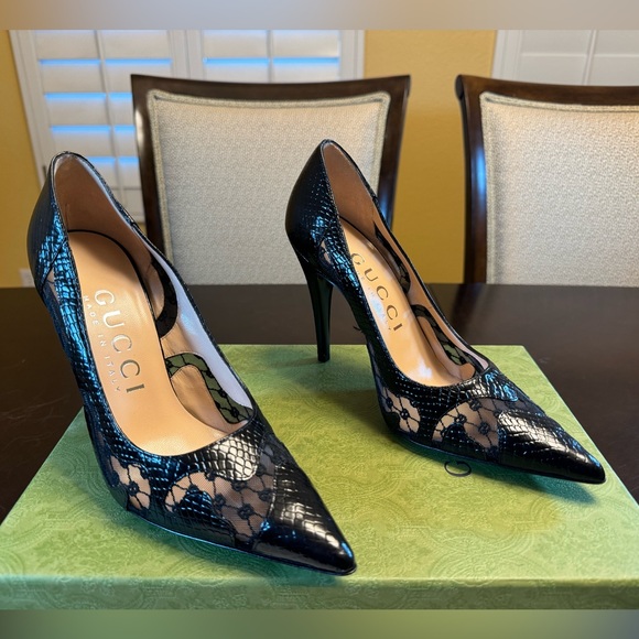 New Gucci Calf Leather Python Print GG Logo High Heels Shoes Size 37 / US 7 - Picture 2 of 16